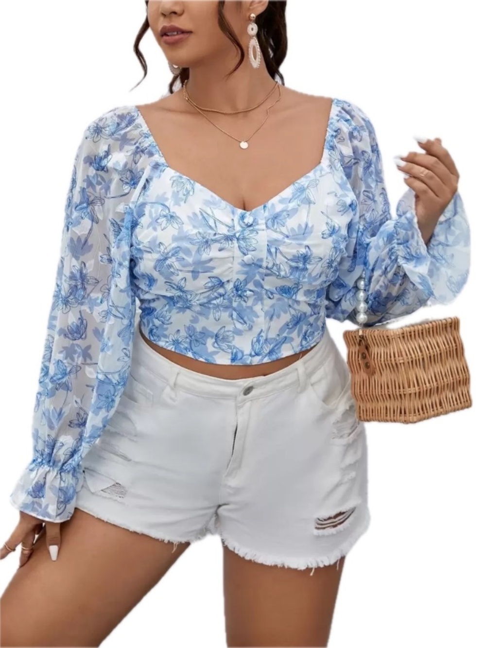 SHEIN Curve Floral Puff Sleeve Crop Top Women’s 3XL Blue White Smocked Blouse